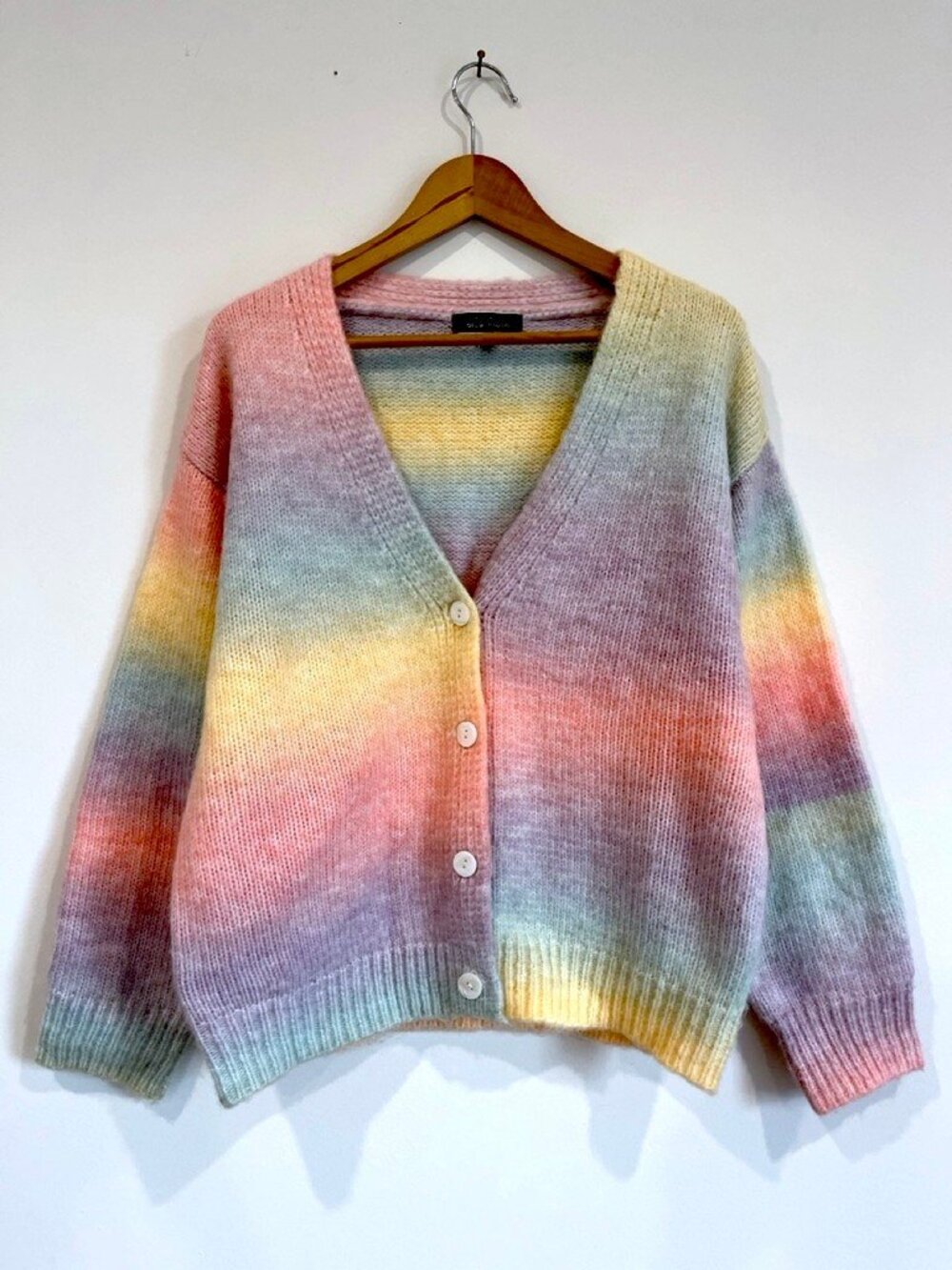 blue blush Pastel Rainbow Ombre Fuzzy Knit Cardigan Multicolor S Cozy